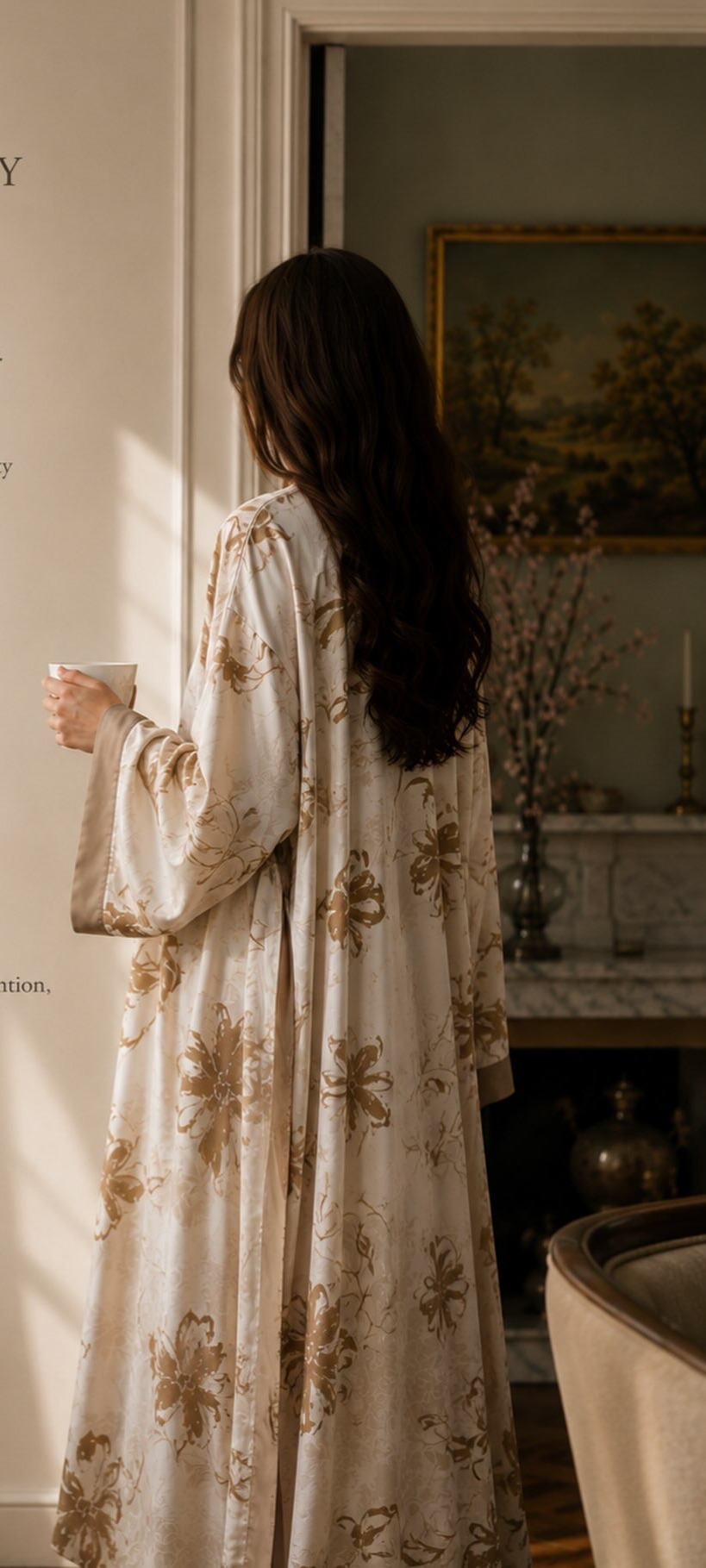Woman wearing a Selvé silk-satin robe, holding a teacup, looking out a doorway